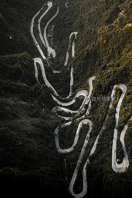 Aerial shot of Tianmen mountain (天门山) winding road leading to Zhangjiajie (张家界), Hunan Province (湖南省)